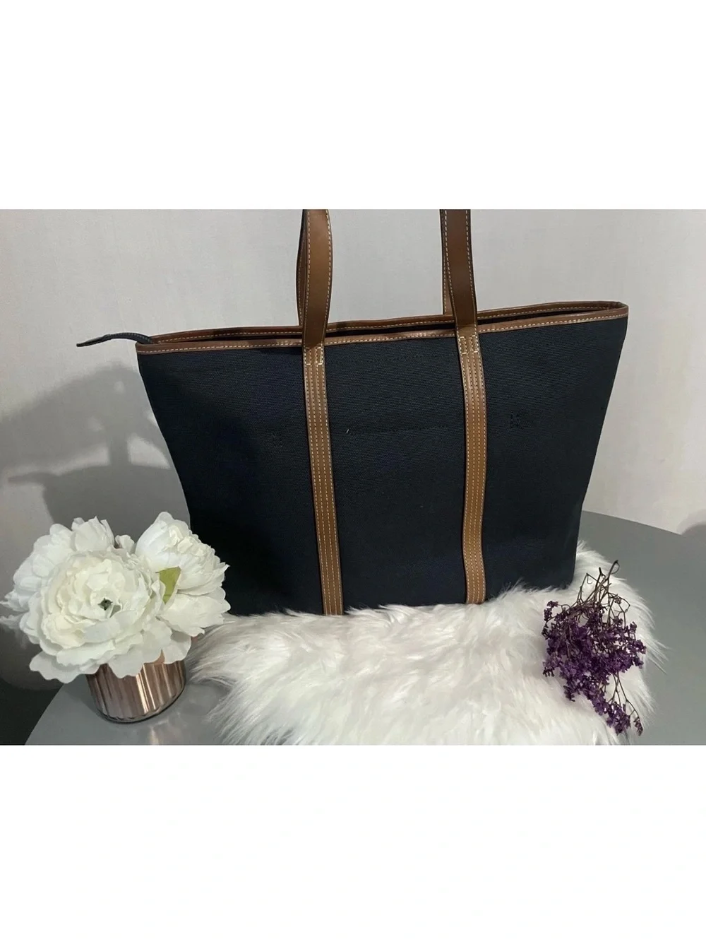 Polo Ralph Lauren Navy Canvas Tote with Brown Leather Straps